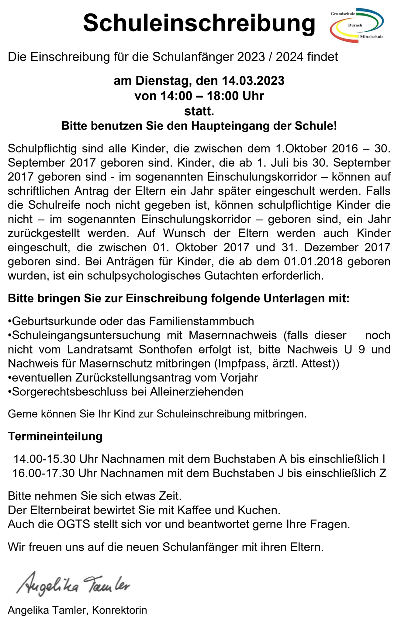 Schuleinschreibung 2023 – Grund- und Mittelschule Durach